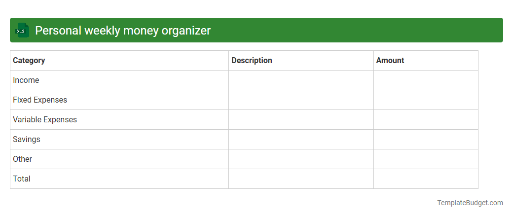 Personal weekly money organizer