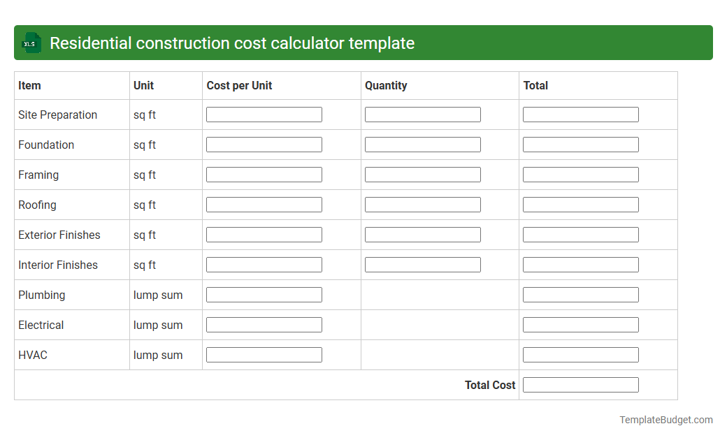 Residential construction cost calculator template