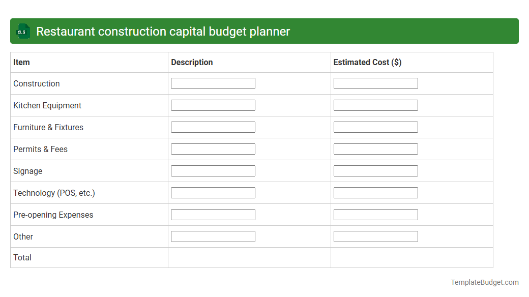 Restaurant construction capital budget planner