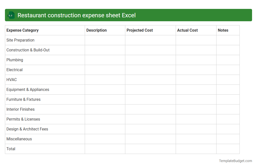 Restaurant construction expense sheet Excel