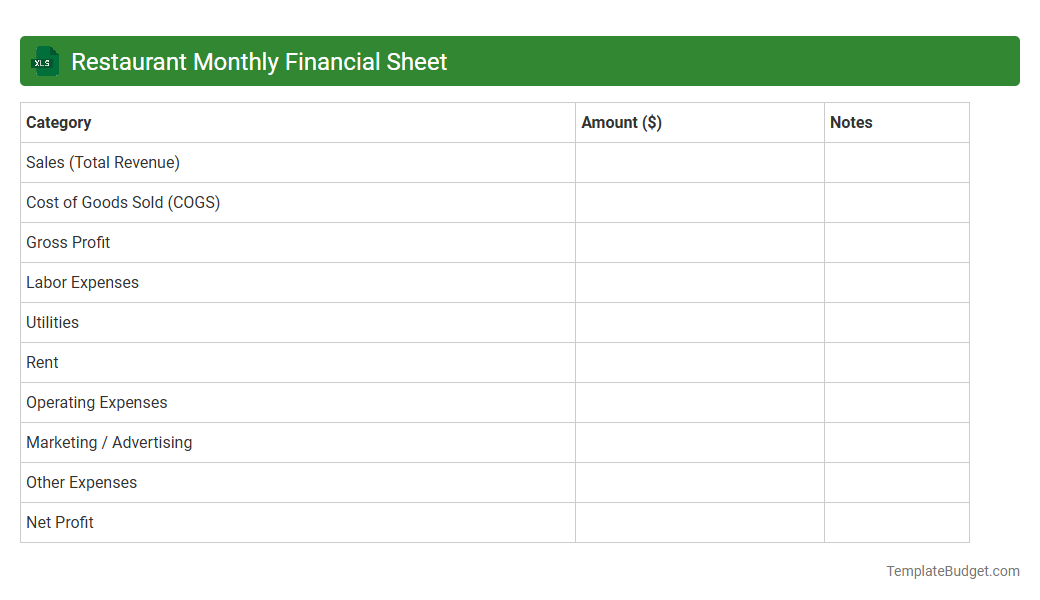 Restaurant Monthly Financial Sheet