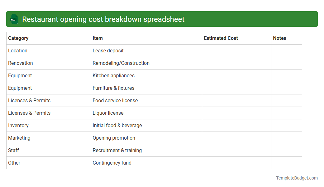 Restaurant opening cost breakdown spreadsheet