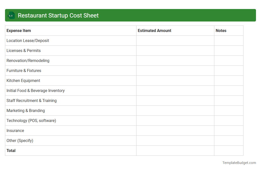 Restaurant Startup Cost Sheet