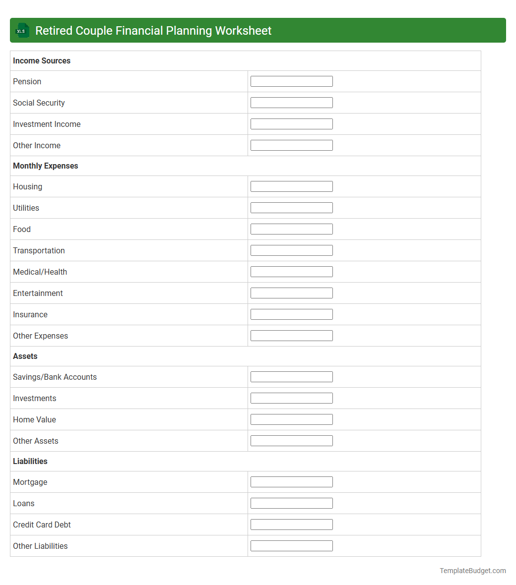 Retired Couple Financial Planning Worksheet