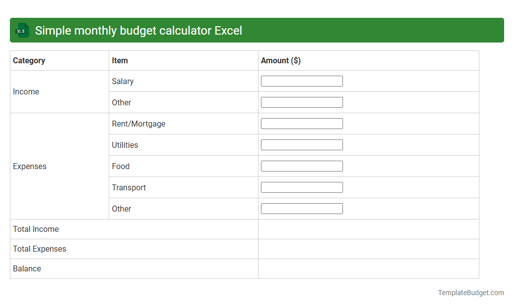 Simple monthly budget calculator Excel