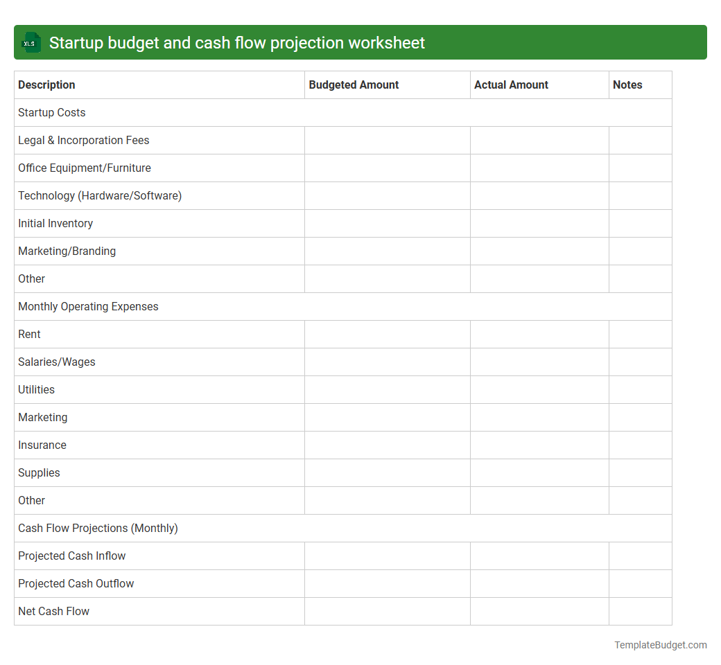 Startup budget and cash flow projection worksheet