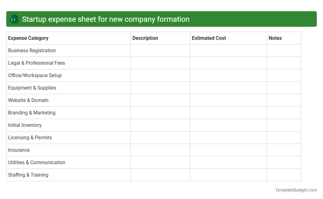 Startup expense sheet for new company formation