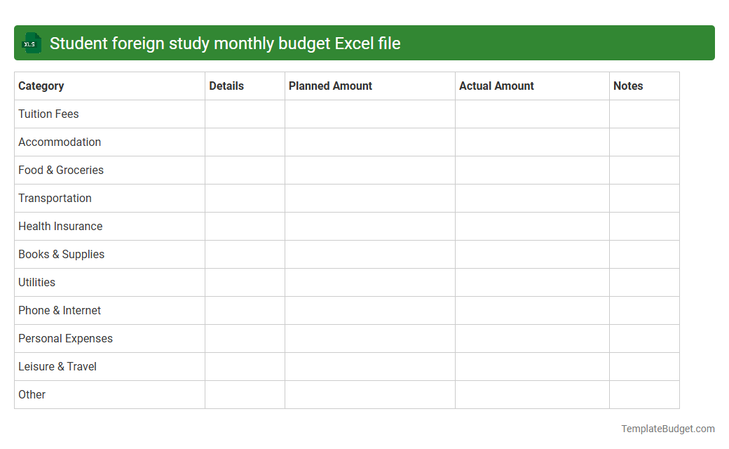 Student foreign study monthly budget Excel file