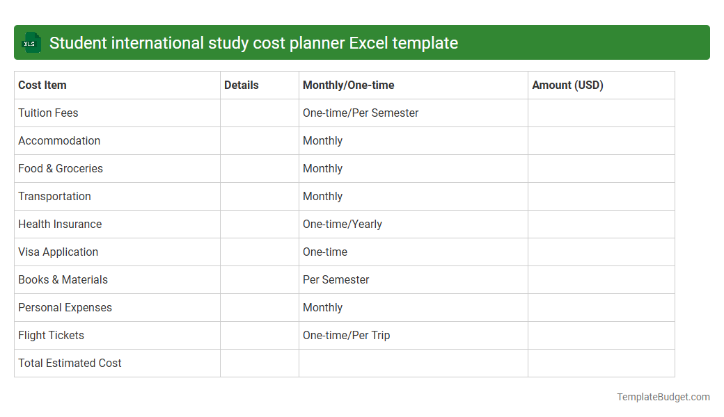Student international study cost planner Excel template