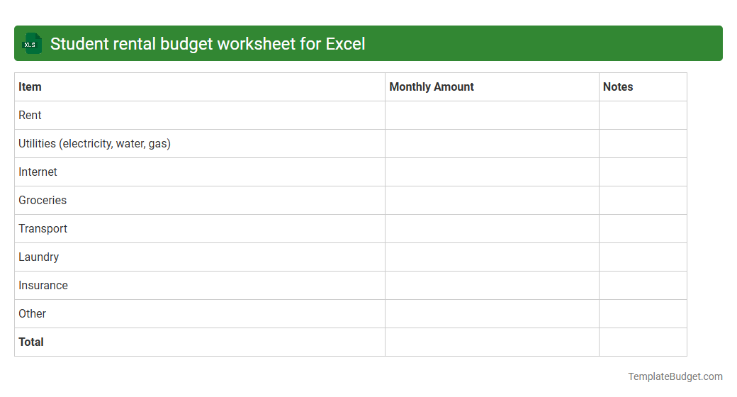Student rental budget worksheet for Excel