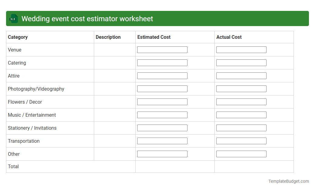 Wedding event cost estimator worksheet