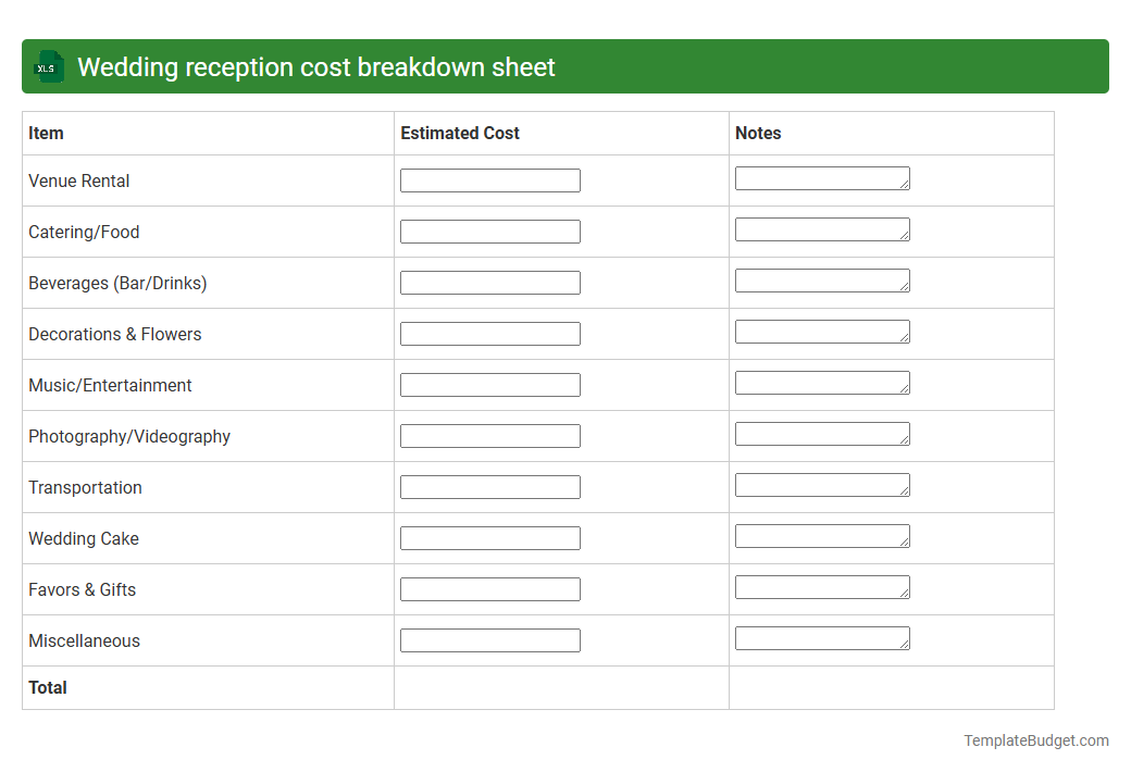 Wedding reception cost breakdown sheet
