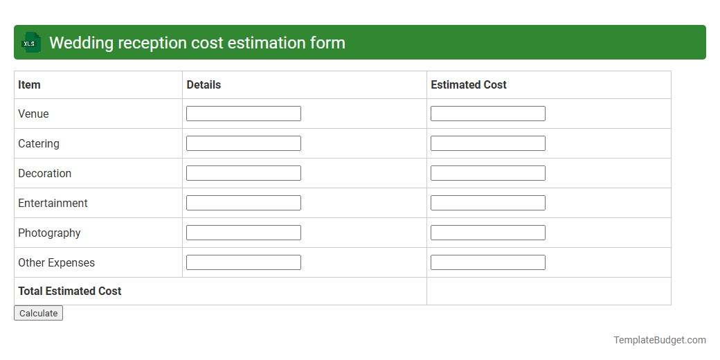 Wedding reception cost estimation form