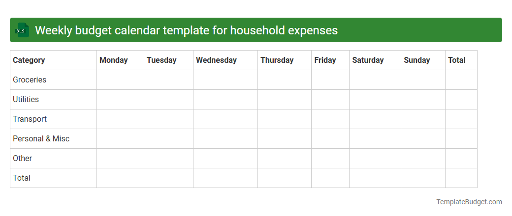 Weekly budget calendar template for household expenses