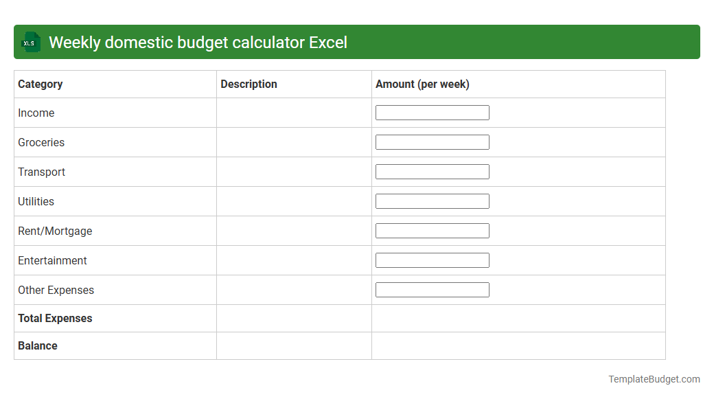 Weekly domestic budget calculator Excel