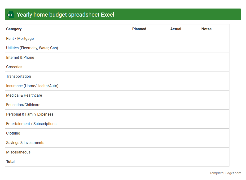 Yearly home budget spreadsheet Excel