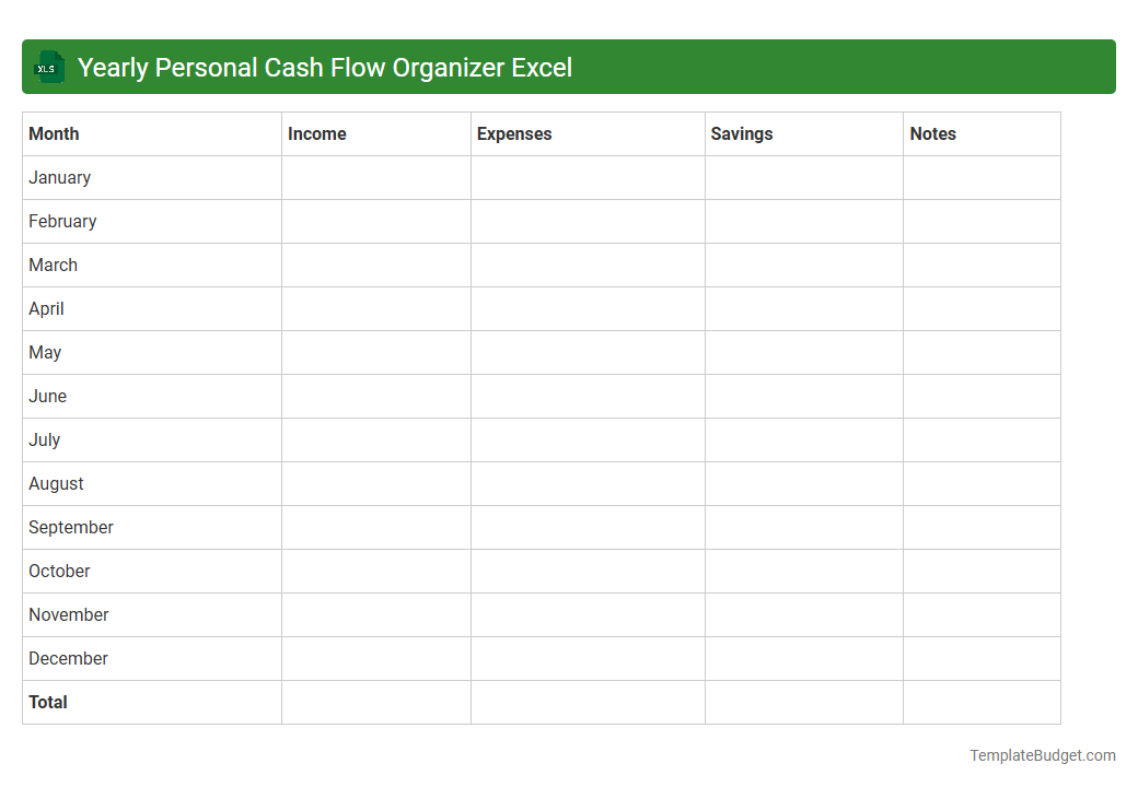 Yearly Personal Cash Flow Organizer Excel