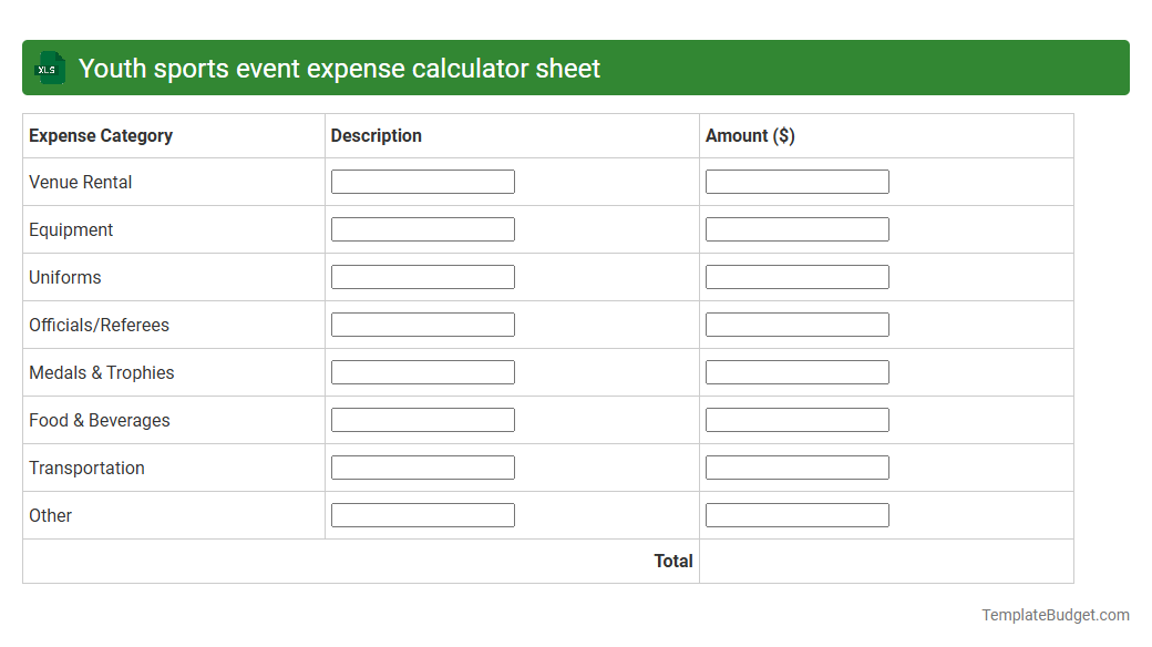Youth sports event expense calculator sheet
