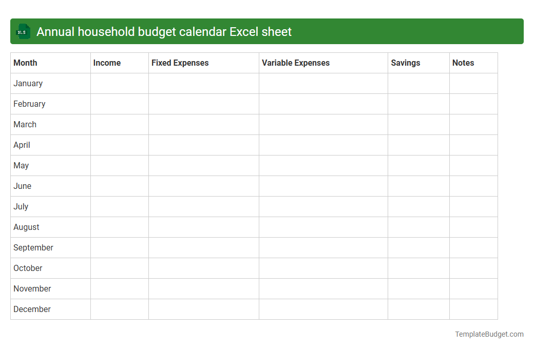Annual household budget calendar Excel sheet