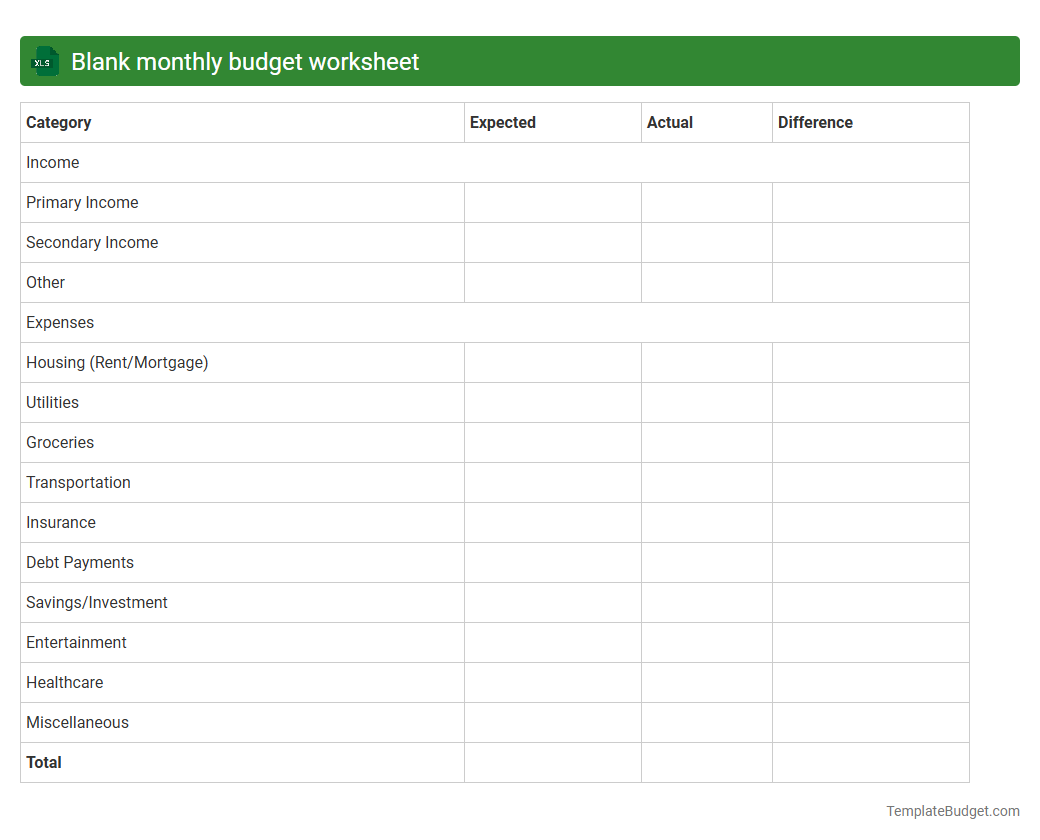 Blank monthly budget worksheet