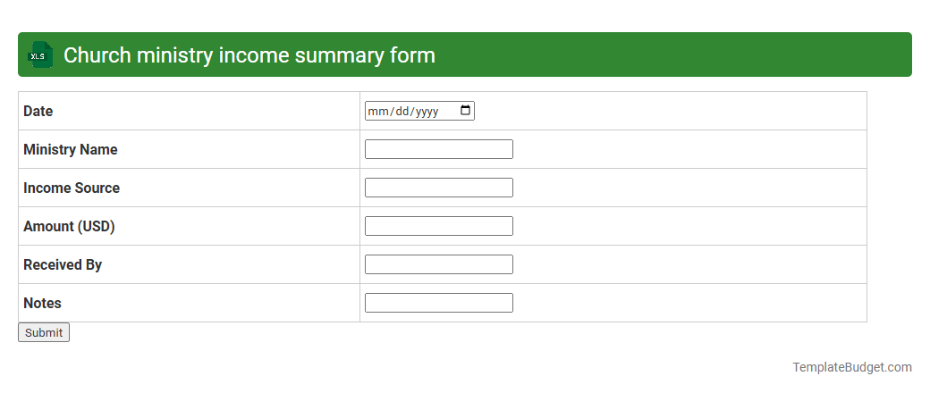 Church ministry income summary form