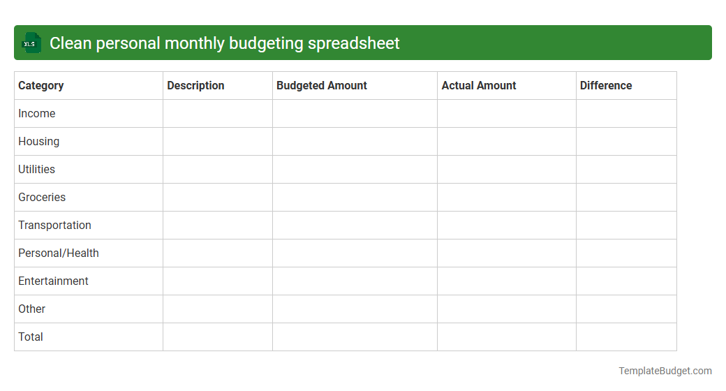 Clean personal monthly budgeting spreadsheet