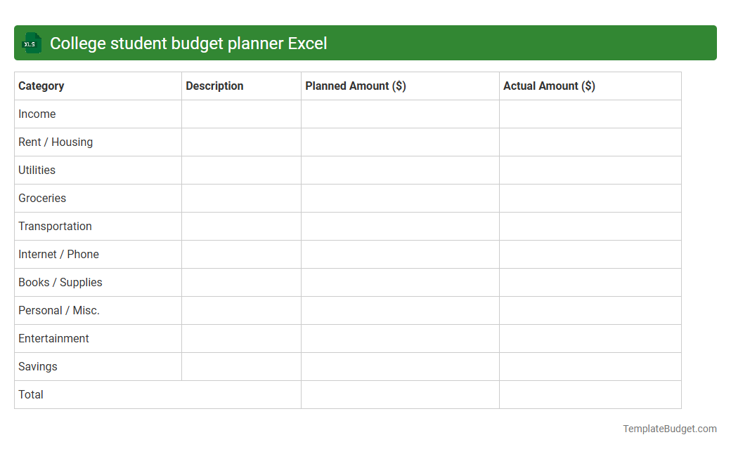 College student budget planner Excel