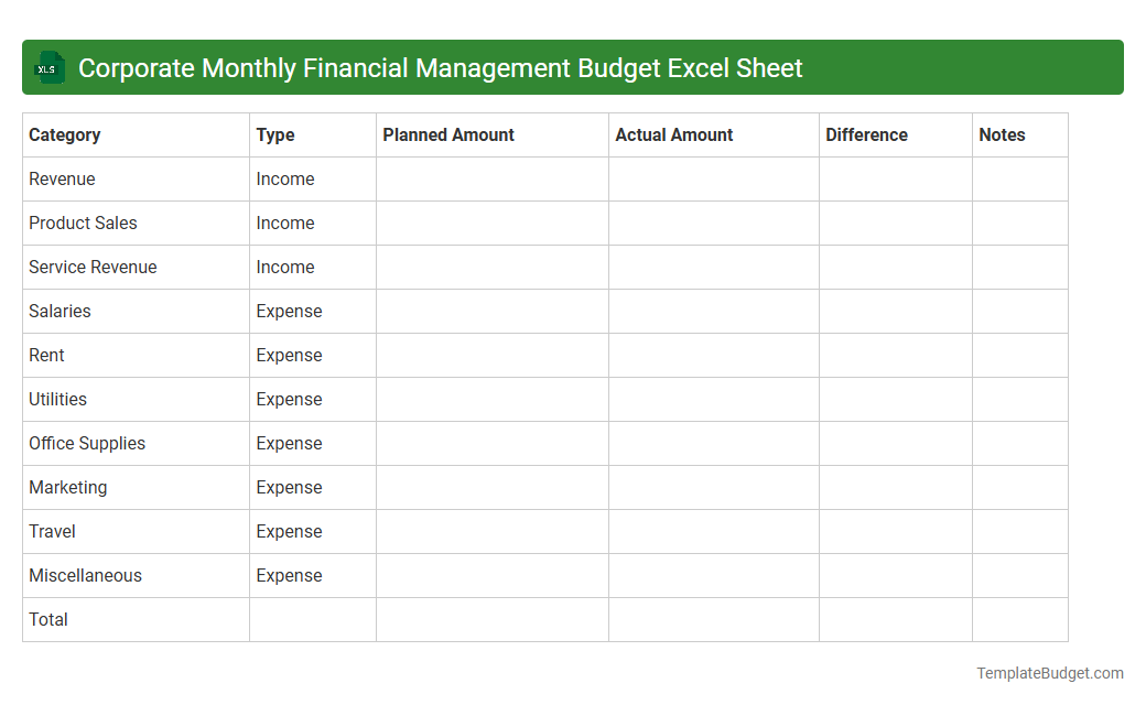 Corporate Monthly Financial Management Budget Excel Sheet