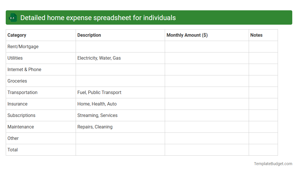 Detailed home expense spreadsheet for individuals