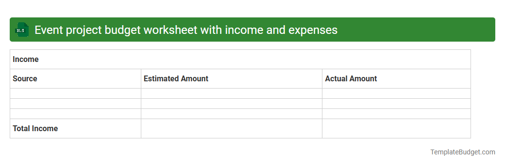 Event project budget worksheet with income and expenses