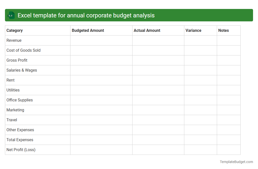 Excel template for annual corporate budget analysis