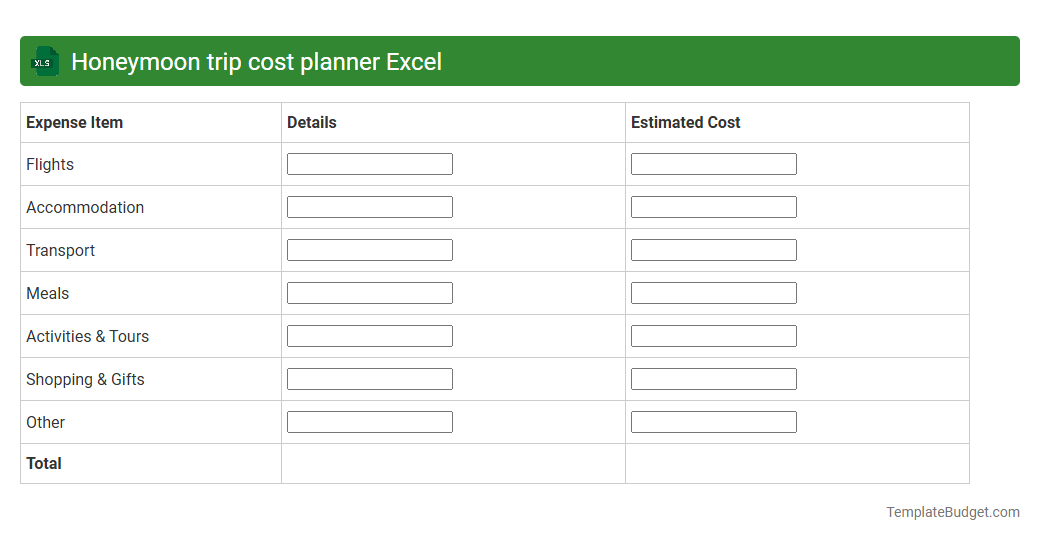 Honeymoon trip cost planner Excel