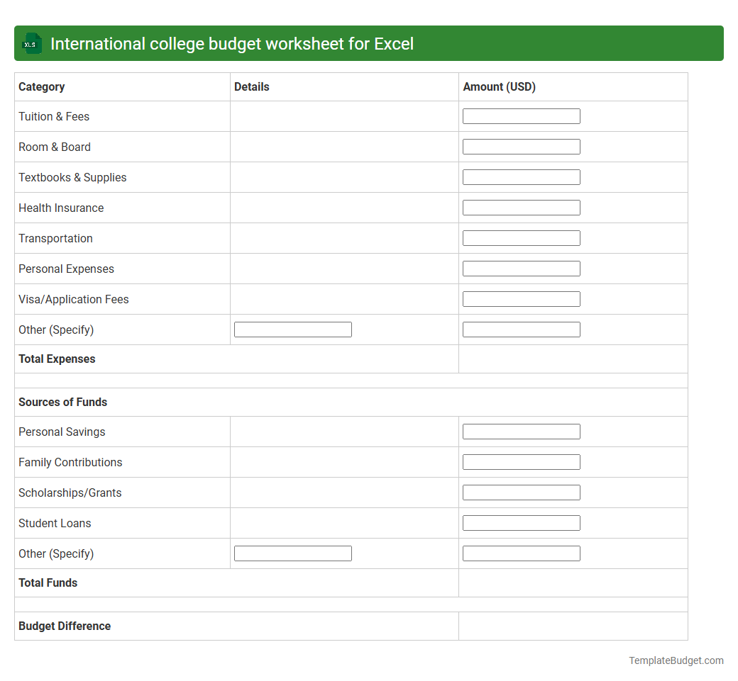 International college budget worksheet for Excel
