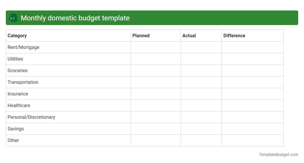 Monthly domestic budget template