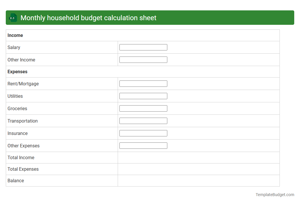 Monthly household budget calculation sheet