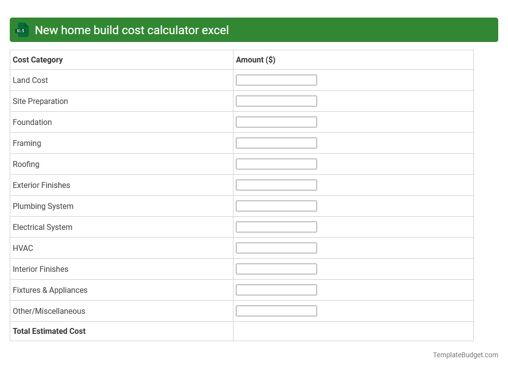 New home build cost calculator excel