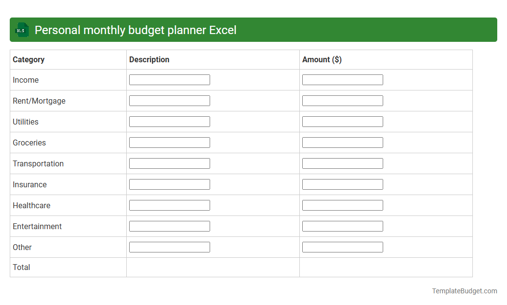 Personal monthly budget planner Excel
