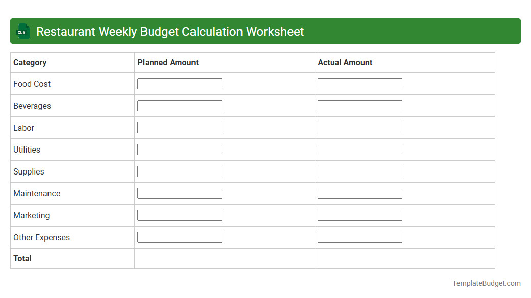 Restaurant Weekly Budget Calculation Worksheet