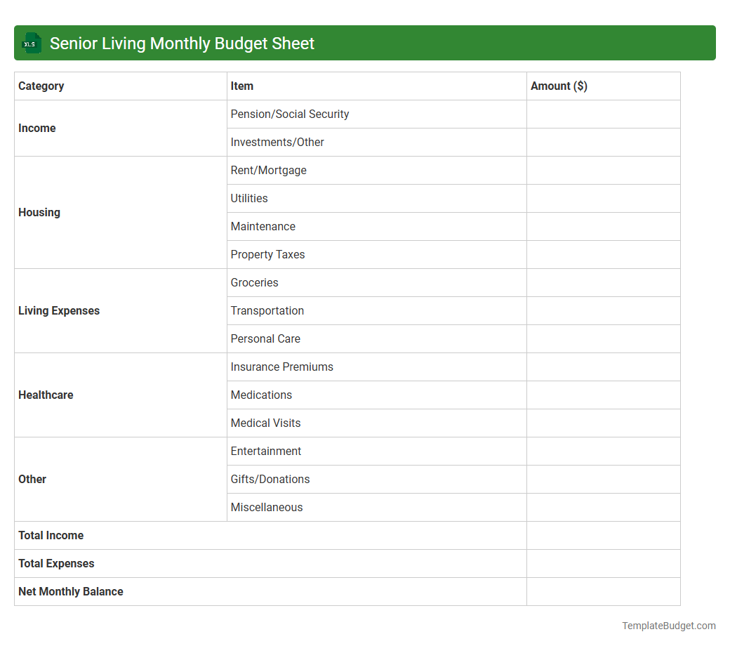 Senior Living Monthly Budget Sheet