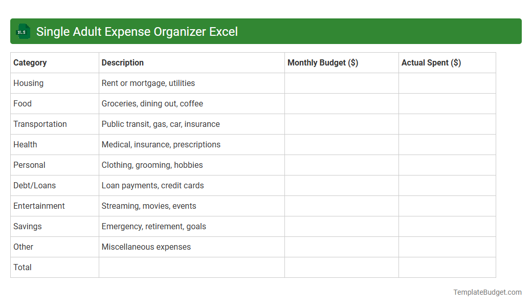 Single Adult Expense Organizer Excel