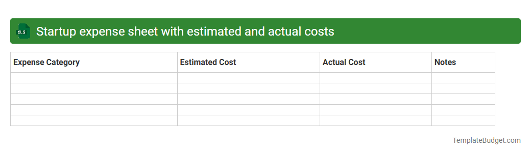 Startup expense sheet with estimated and actual costs