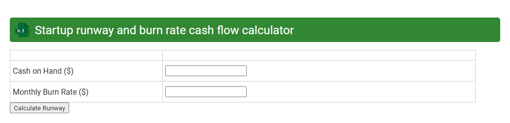 Startup runway and burn rate cash flow calculator