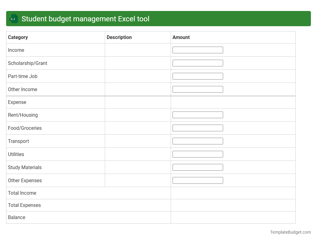 Student budget management Excel tool