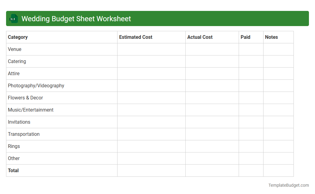 Wedding Budget Sheet Worksheet