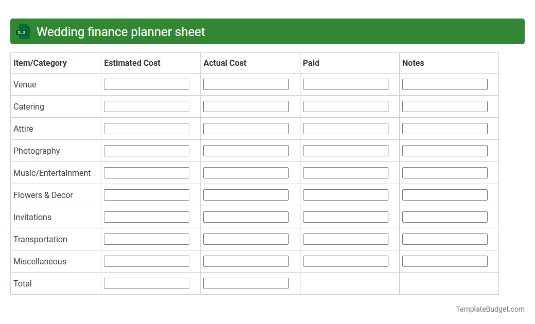 Wedding finance planner sheet