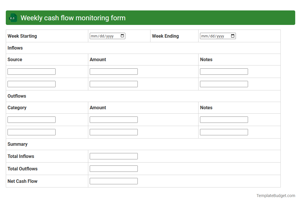 Weekly cash flow monitoring form
