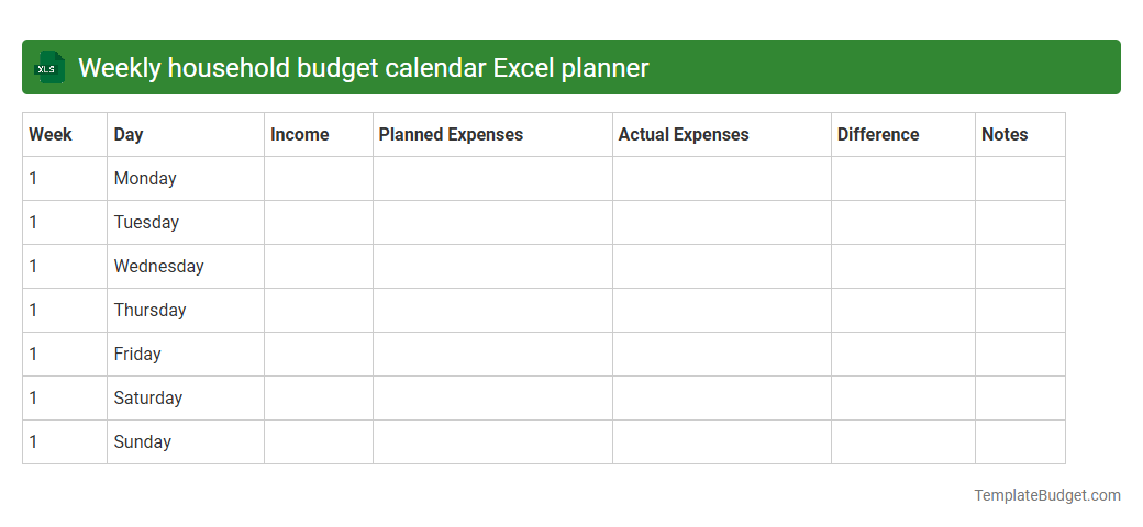 Weekly household budget calendar Excel planner