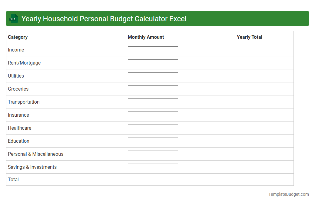 Yearly Household Personal Budget Calculator Excel