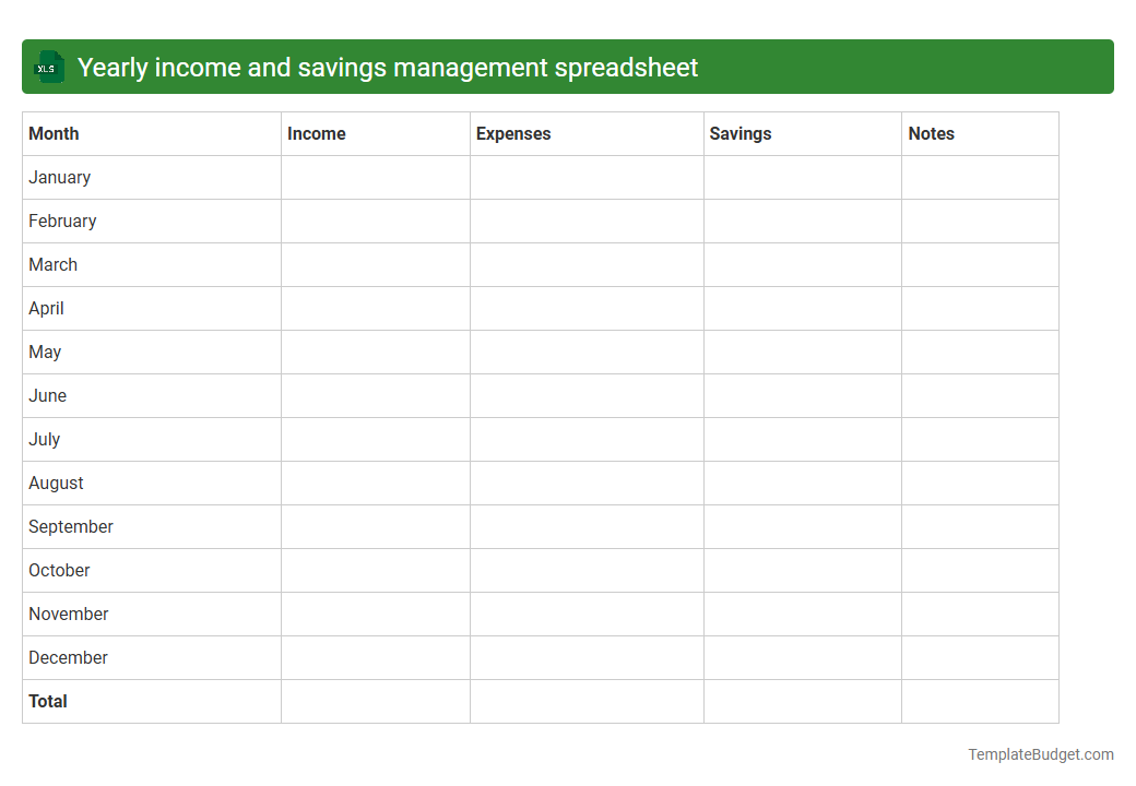 Yearly income and savings management spreadsheet
