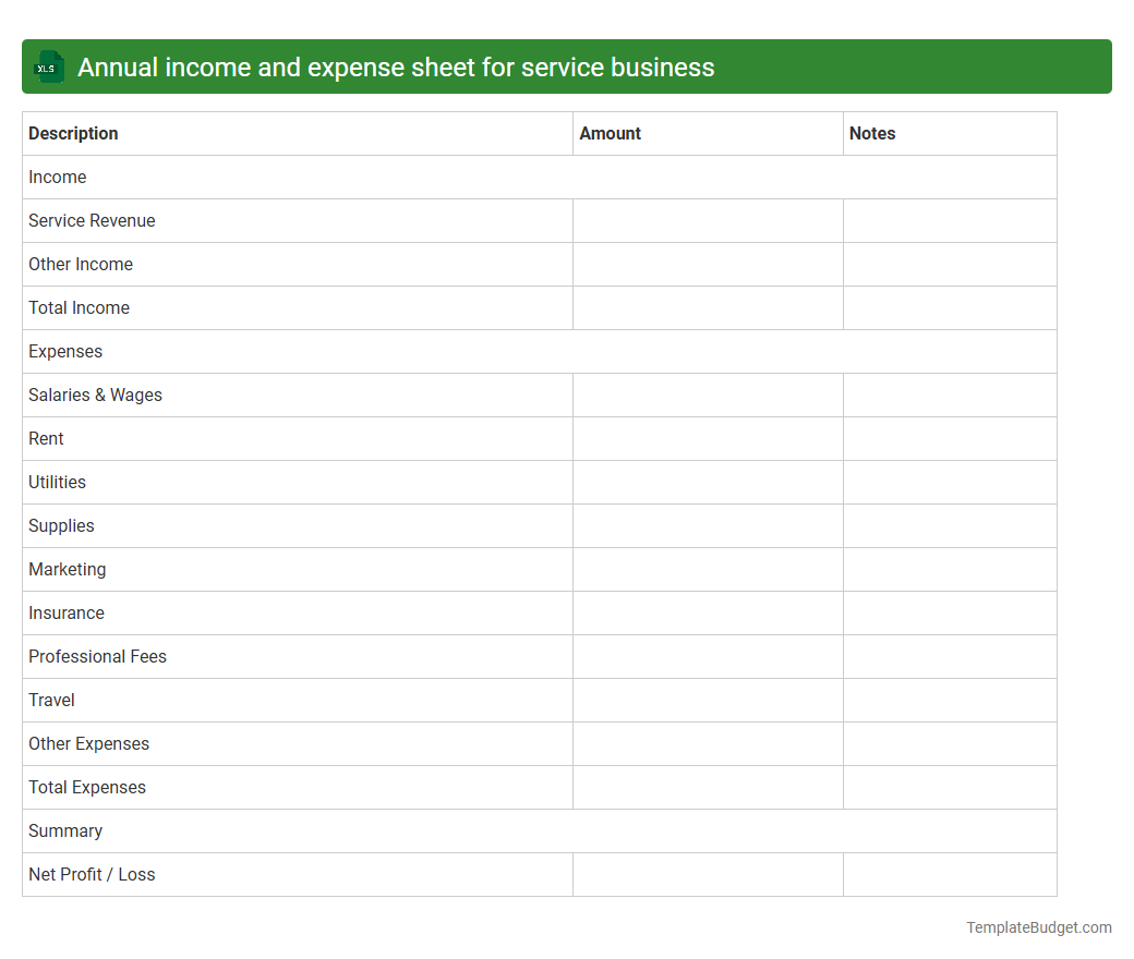 Annual income and expense sheet for service business